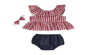 Baby flicka kläder set barn kort kostym sommar flicka randig fyrkantig ärmlös rund hals ruffle topp svart triangel shorts pannband 38609518