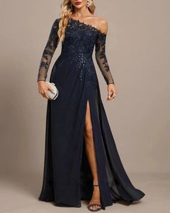 Una spalla chiffon pizzo abito da sera da sera 2024 maniche lunghe sit prom abito formale per le donne da sposa abiti fiesta robe de soiree