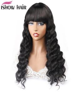 ishow brazilian remy human hair bang wigs pre plucked natural black straight wave full machine made lace front wigs body wave 15025360802