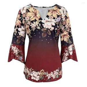 Blusas femininas respiráveis topos floral impressão com decote em v manga 3/4 camiseta para mulher leve streetwear topo com design impresso 3d