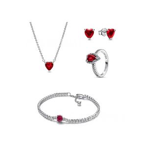 Аутентичные комплекты ювелирных изделий из стерлингового серебра 925 пробы, ожерелья, браслеты, серьги, женские красные цирконы с оригинальной коробкой, подарок на день рождения, Рождество N032