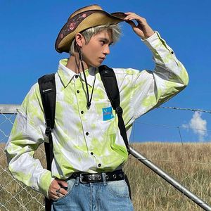 Men's Vests MamaHasGun California Vintage Blue Green Tie Dyed Zipper Electronic Boys Loose Thin Denim Long sleeved Shirt