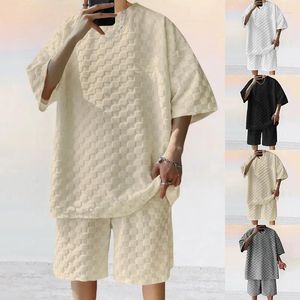 Men's Tracksuits Sports Suit Summer Korean High Street Jacquard Plaid T-shirt Shorts Two-piece Set Male Casual Retro Loose O-neck Top