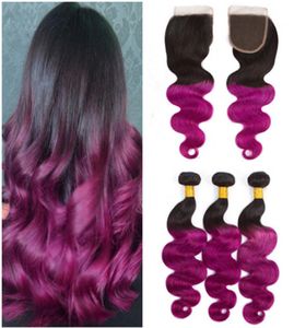 Virgin Brazilian 1Bpurple Ombre Human Hair Weave Bunds med stängning Lila ombre Human Hair 3 Buntle Deals med spetsstängning 43043507