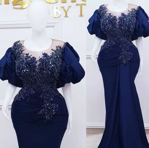 Árabe plus size aso ebi ebi royal azul sereia baile vestidos de renda cristais