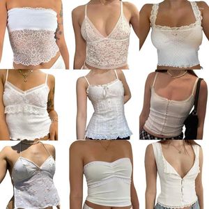 Kvinnors tankar Maemukilabe Fairy Coquette Milkmaid Top Y2K Eesthetic White Lace Crop 90s Vintage Vest Chic Women Retro Streetwear