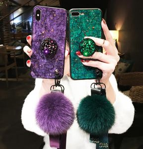 För iPhone X X Xs Max XR Fire Cracked Marble Hairball Lanyard Mobile Shell iPhone 7 8 6 6s Plus Rhinestone Bracket7689955