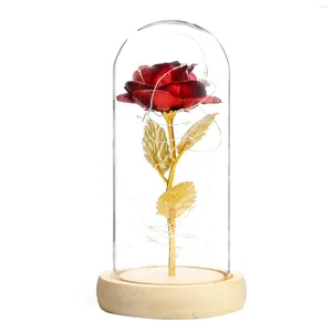 Fiori decorativi Fiore artificiale Lamina d'oro rosa rossa e luce a led nella cupola di vetro per regali romantici di San Valentino