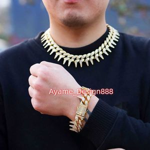 Hip Hop Bling Ice Out Trap Necklace Curb Link Chain Spike Moissanite Thorn Cuban Link Chain för män Rapper smycken armband