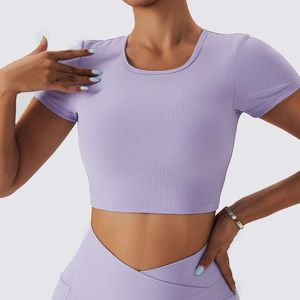 Lu Align Maglietta da Donna Outfit Maglietta da Allenamento Sexy con Schienale Scollato per Donna Maglietta a Maniche Corte per Pratica Yoga con Reggiseno Staccabile T-shirt Imbottita Playeras Deportiva Dama Jogger G