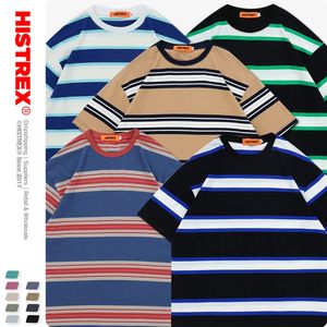 Histreks Kaliteli Erkekler Tişört Stripe% 100 Pamuk Tee Yaz Hip Hop T-Shirt Vintage En İyi Kadınlar Büyük Boy Tshirt Adam Sokak Giyim 200g 240223