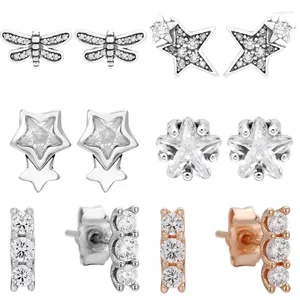 Studörhängen Original 925 Sterling Silver Asymmetric Stars Galaxy Elegance Petite Dragonfly Earring With Crystal for Women Smycken