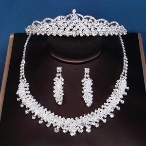 Brudkrona 3 Set Wedding Hair Accessories Bridal Crown Tiara Halsbandörhängen Smycken Set Engagemangsjubileum