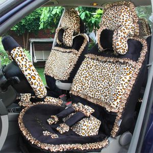 Capas de assento de carro leopardo impressão laço universal curto pelúcia inverno conjuntos de automóveis para mulheres acessórios interiores 19pcs
