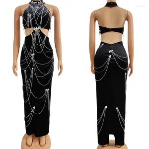 Stage Wear Sexy Cutout Party Celebrate Dresses Women Rhinestones Chain Evening Dress Catwalk Costume Wedding Festival Outfit XS7240