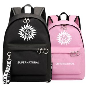 Backpack SPN Supernatural Evil Fans Backpack School Book Bags Mochila Travel Bag Laptop Ribbon Ring Circle Boy Girls Backpack Pink Black