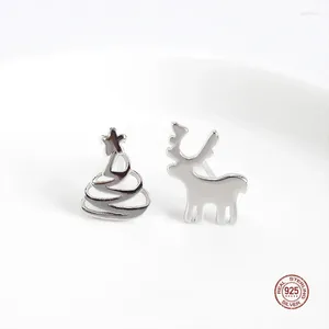 أقراط مسمار LKO Real 925 Sterling Silver Christmas Tree Elk أزرار أذن غير متماثلة لفتاة فريدة من نوعها مجوهرات الهدايا المجوهرات