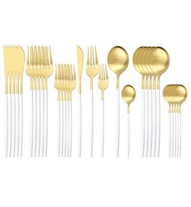 30Pcs White Gold Cutlery Knife Dessert Fork Spoon Dinner Tableware Stainless Steel Dinnerware Kitchen Silverware Set 2011288639059