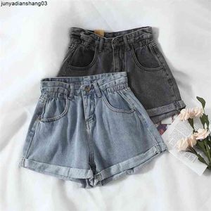 Kvinnor denim shorts hög midja kvinnor casual lossa damer mode stor storlek elastisk midja bredben kort jeans 210629