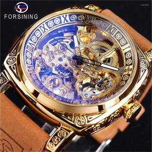 Zegarek na rękę Forsining 403a Watch for Men Skeleton Automatyczne mechaniczne zegarki mechaniczne marka luksusowa 2024 Srebrna złota skórzana relogio
