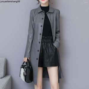 여성 가죽 봄과 가을 여성 Pu Long Jacket Trench 코트 코트 슬림 한 여성 싱글 가슴 의류