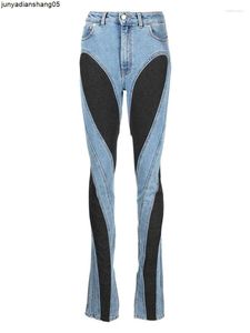 Mode kvinnor jeans smala dekonstruera panelen lapptäcke hög midja split blå långa denim byxor höst