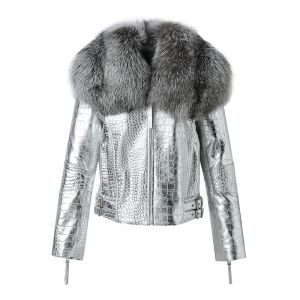Jaquetas 2023 couro genuíno bombardeiro jaqueta inverno gola de pele de raposa pele de guaxinim jaqueta de couro real feminino senhora streetwear casacos de couro