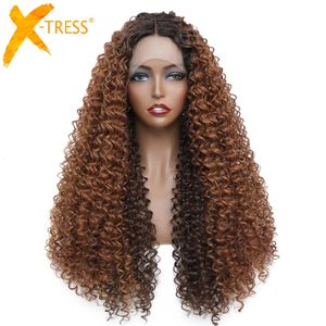 Ombre Brown Synthetic Lace Front Wig For Black Women Kinky Curly Long Middle Part Hair Wigs X-TRESS Natural Daily Use Hairstyle 240226