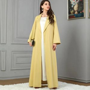 Roupas étnicas chique amarelo trench coat para mulheres cardigan lapela inverno alto sentido casaco dubai turquia elegante abaya outwear kaftan robe