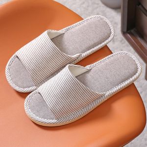 2023 Pinstripe Linen Four Seasons Summer Man och kvinnliga par Bomullslinne Öppen Toe Flip-Flops Inomhusgolv Hem