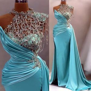 2024 년 4 월 Aso Ebi Mermaid Lace Prom Beaded Crystals Satin 저녁 공식 파티 두 번째 리셉션 생일 약혼 가운 드레스 Robe de Soiree
