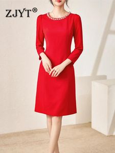 Vestidos casuais zjyt outono beading o pescoço vermelho formal ocasião festa para mulheres 2024 elegante simples joelho comprimento vestidos preto escritório