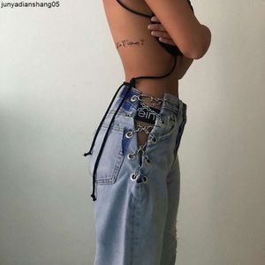 Yiciya Seasons Side Cross Chain Hollow Out Wide-leg Women Jeans High Waist Pants Sexy Elegant Ladies Europe Fashion Jean 210222