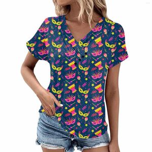 القمصان thirts للسيدات Mardi Gras Mask مطبوعة تي شيرت مطوية زر V-Neck Short Sleeve Top