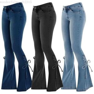 Women's Jeans Women Flared Denim Pants Vintage Stretch Streetwear Lace Up Bell Bottom Pant Elastic Trousers