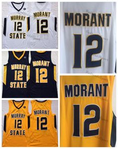 Mens Murray State Racers 12 Ja Morant College Basketbol Formaları Mavi Beyaz Sarı Dikişli Gömlek OVC Yama SXXL7092909