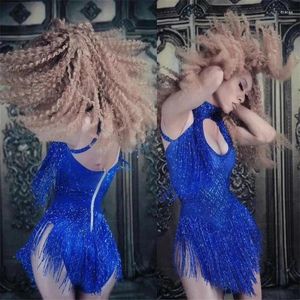 Scenkläder 5 cougeur kostym nattklubb bodysuit rave outfit glittrande strass tasel stretch ärmlösa kvinnor visar spekläder