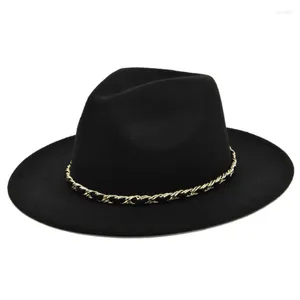 Berets European And American Chain British Fedora Big Brim Woolen Retro Broad-Brimmed Black Top Hat