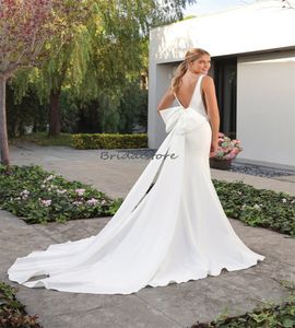 Underbar sjöjungfru boho bröllopsklänning 2024 Deep V Neck Big Bow Bohemian Country Bride Dress Court Traad Beach Bridal Gowns Vestido de Noiva Casamento Robe Mariee Chic