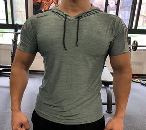 Verde ginásio esporte com capuz correndo t camisa de fitness magro alta elasticidade respirável secagem rápida musculação dos homens camiseta topos2455540