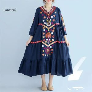 Kleid Böhmen Vintage Floral Gestickte Baumwolle Leinen Langes Kleid Frauen Herbst Boho Party Kleider Laterne Hülse Casual Vestidos