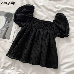 Bluz bluz kadınlar vintage siyah şık yaz puflu kol gevşek basit rahat moda ulzgang bayanlar blusas üstleri allmatch schoolbirls