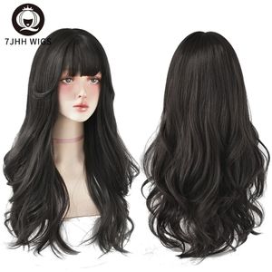 7jhh peruki brązowe popioły długie głębokie fali włosy lolita z grzywką syntetyczną perukę dla kobiet mody gęste curls dziewczyna 240229