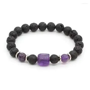 Charm-Armbänder KFT Natürliche 8 mm schwarze Lavastein-runde Perlen geschnitzter Buddha-Kopf Amethyst Kristall Quarz Opal Stretch-Armband für Mädchen