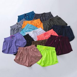 lululemom Damen Yoga-Shorts mit hoher Taille, doppellagig, gefälschte zweiteilige Shorts, Outfits mit Übungs-Fitnesskleidung, kurze Hosen, Mädchen, Laufen, Fitnessstudio, elastische Hosen, Sportbekleidung