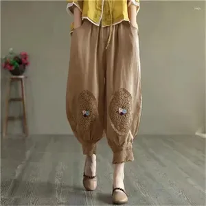 Calças femininas vintage mulheres 2024 primavera verão solto bordado rendas calças harem algodão linho casual bolso feminino