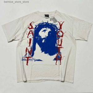 メンズTシャツメンズTシャツ最高品質の聖ユース23SS Tシャツ（SM-S23-0000-015）ホワイトヴィンテージ特大TシャツレトロジーザスTシャツメンQ240304