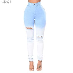 Kvinnors jeans jeans blå och vit gradient färg sexig midja fötter jean tight väska höftbyxor 240304