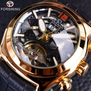 Forsining Konvexes Glas Stilvolle Tourbillion 3D Designer Echtes Lederband Herrenuhren Top-marke Luxus Automatikuhr Clock265J