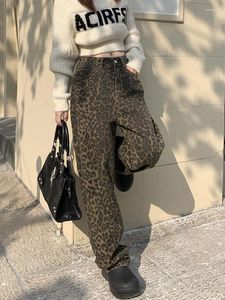 Damenjeans Korean Leopard Print Y2k Frauen 2024 Casual Hohe Taille Baggy Wide Leg Denim Hosen Mode Streetwear Retro Straight